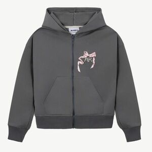 ALICE K Gray Zip-Up Hoodie with Pink Ribbon Detail ‘KK’
